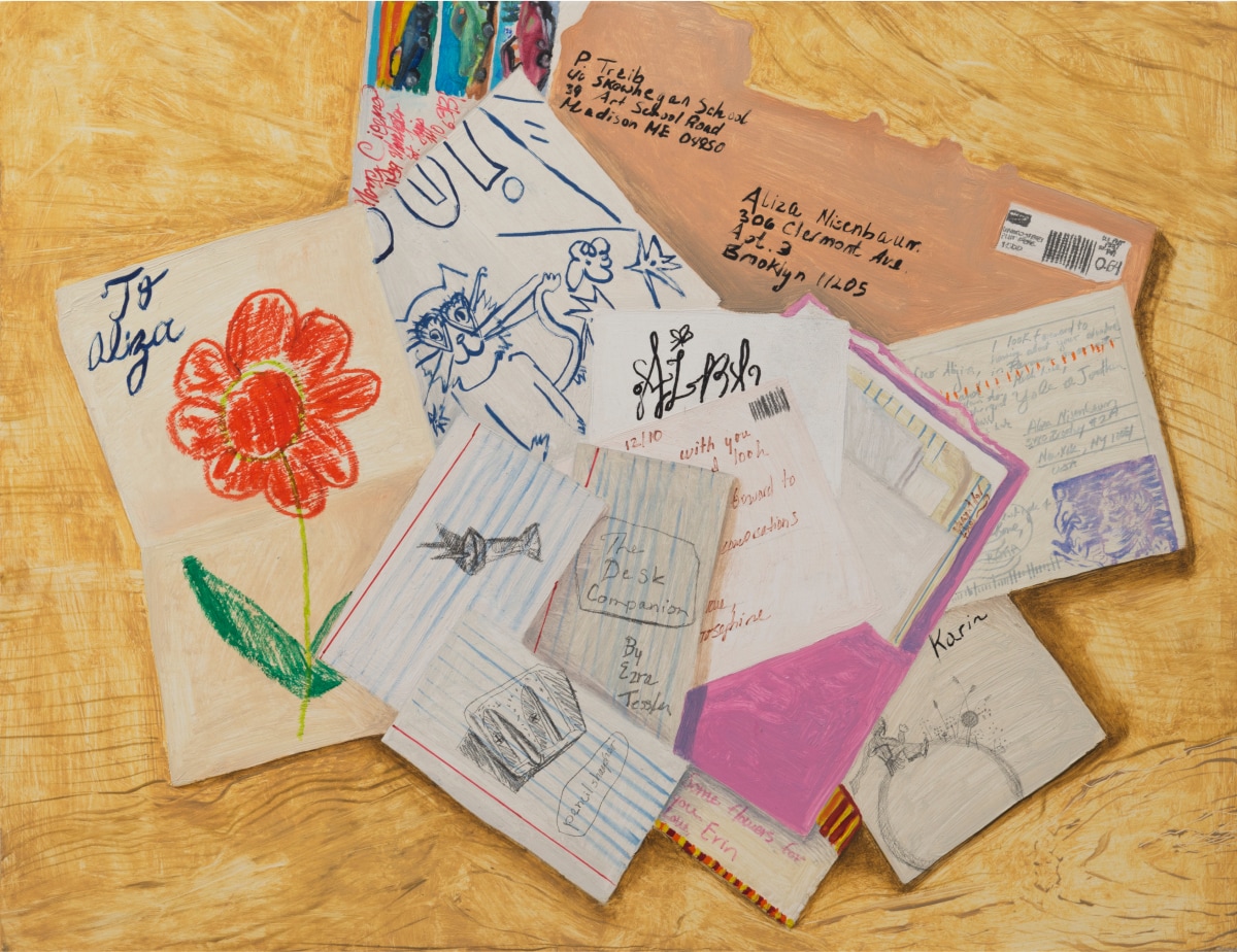 Nisenbaum’s “A Desk Companion” featuring a pile of sketches on notecards, drawings, and letters to the artist
