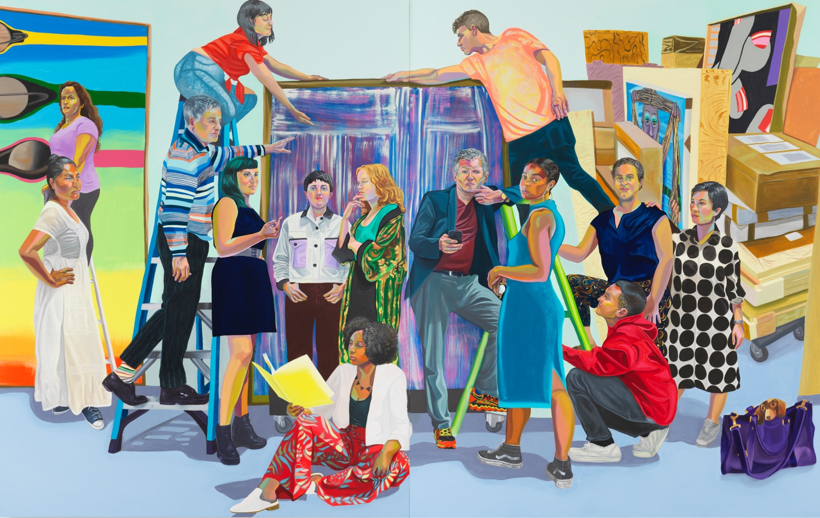 Artwork with a diverse group of gallerists, surrounded by exhibiton pieces and storage boxes