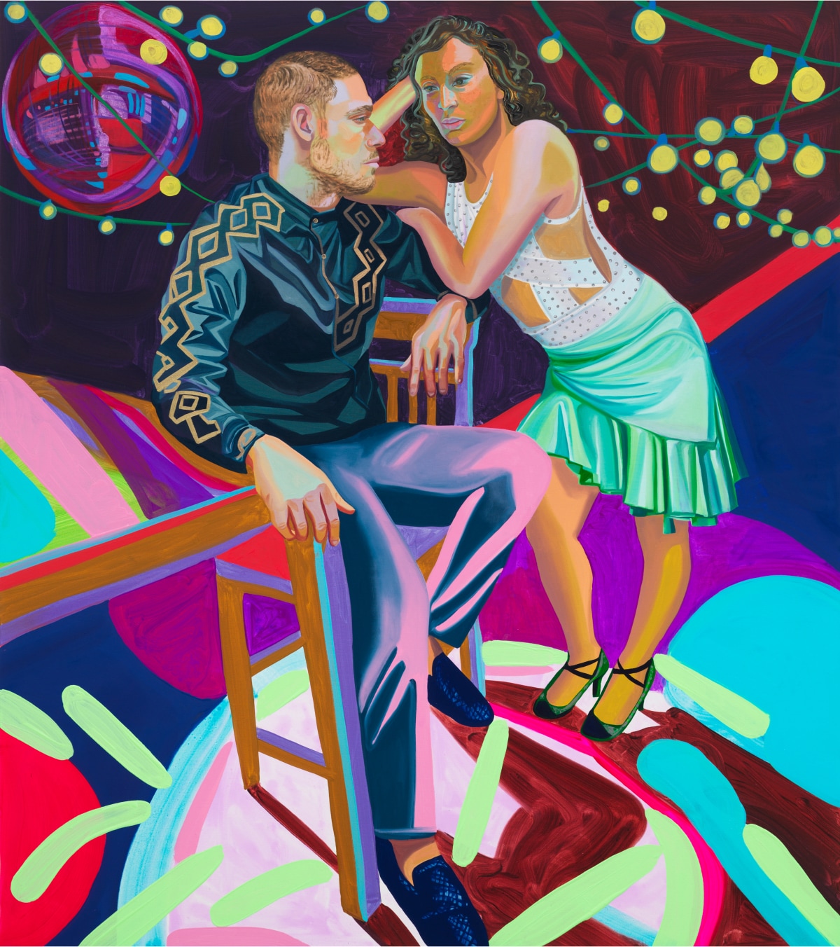 Nisenbaum’s “Jenna and Moises” featuring a man and woman, facing one another, in a colorful dance club