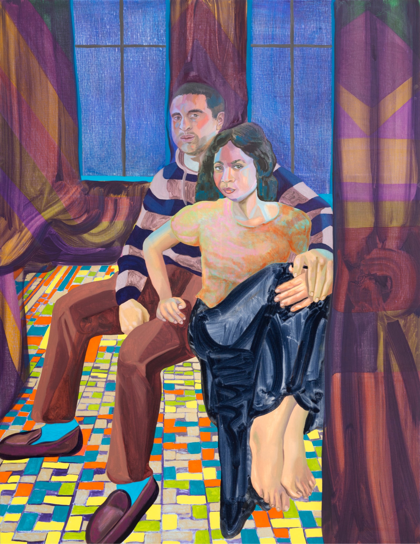 Artwork featuring a woman seated against a man in a half-embrace, framed by patterned curtains