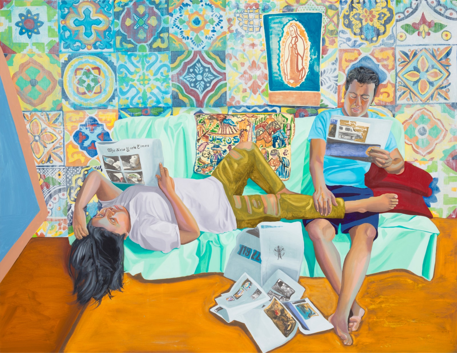 Artwork with a woman lying on a couch with her feet in a man’s lap, each reading the newspaper