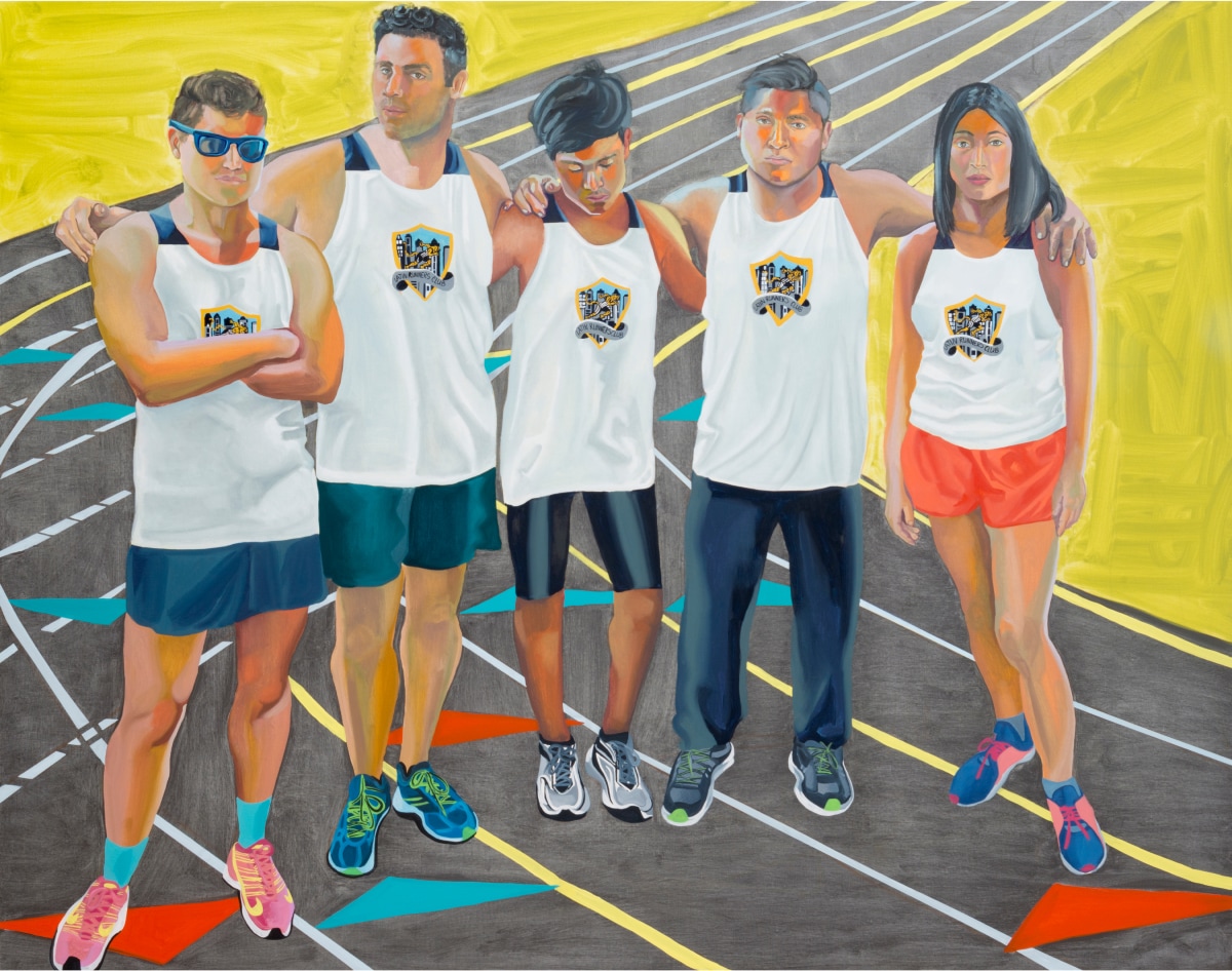 Nisenbaum’s “Latin Runners Club” featuring a group of four men and one women dressed in running clothes on a track