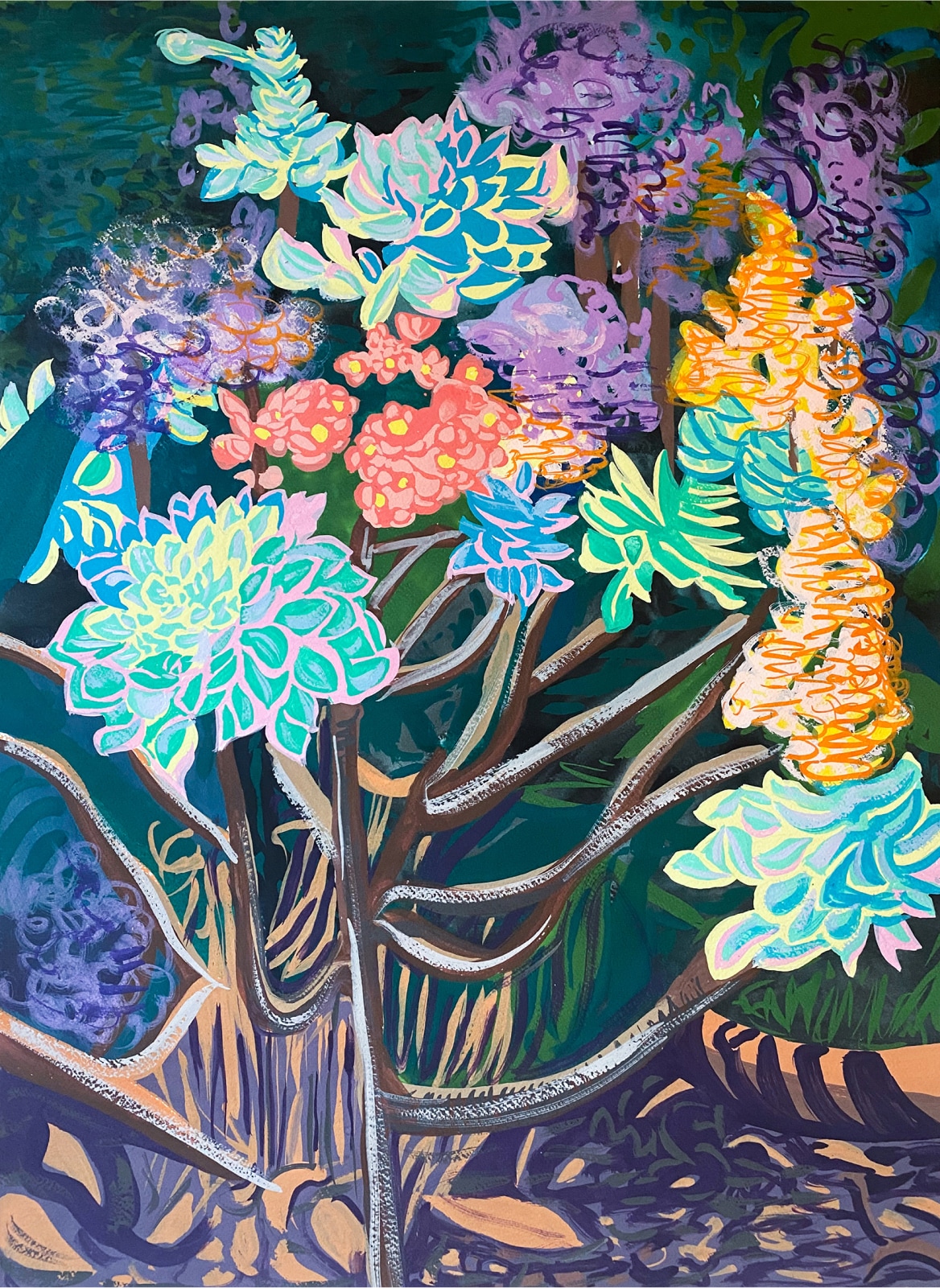 Artwork featuring purple lilac blooms mixed with brightly colored succulents, arranged on woody stems