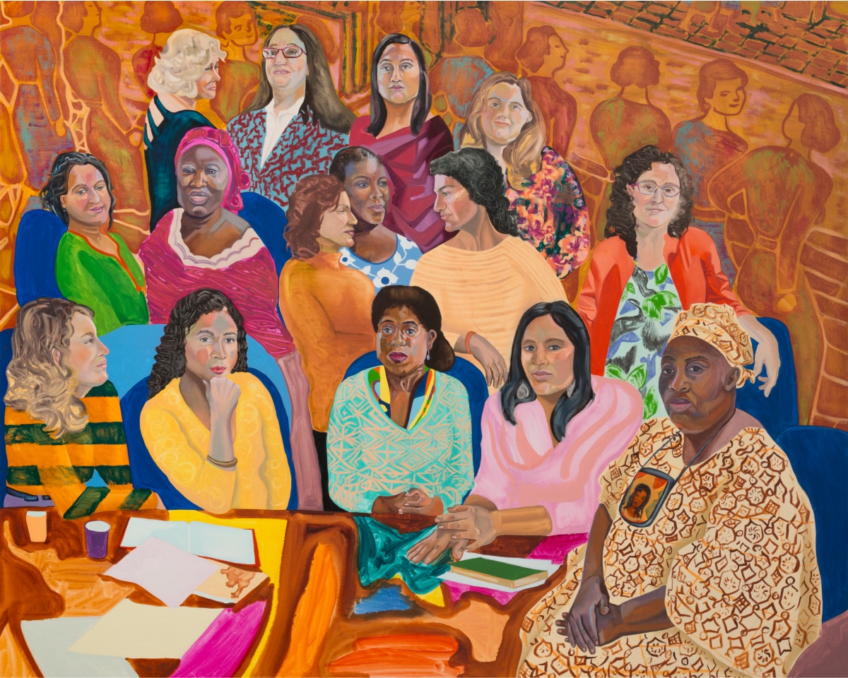 Artwork featuring a diverse group of women poised together near a conference table