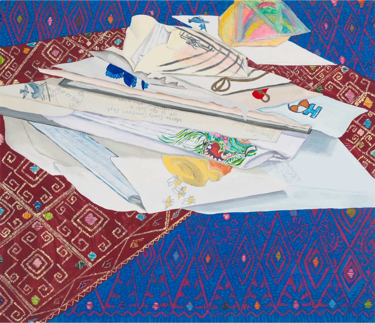 Artwork featuring a pile of papers, including drawings and letters, on a red and blue background