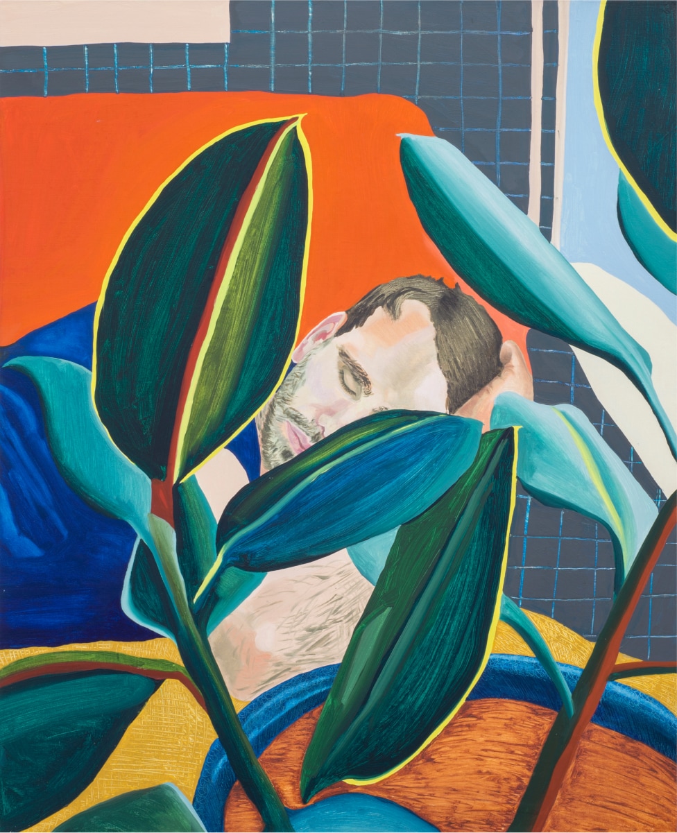 Nisenbaum’s “The Nap” showing a man sleeping on an orange couch, visible through the leaves of a potted plant