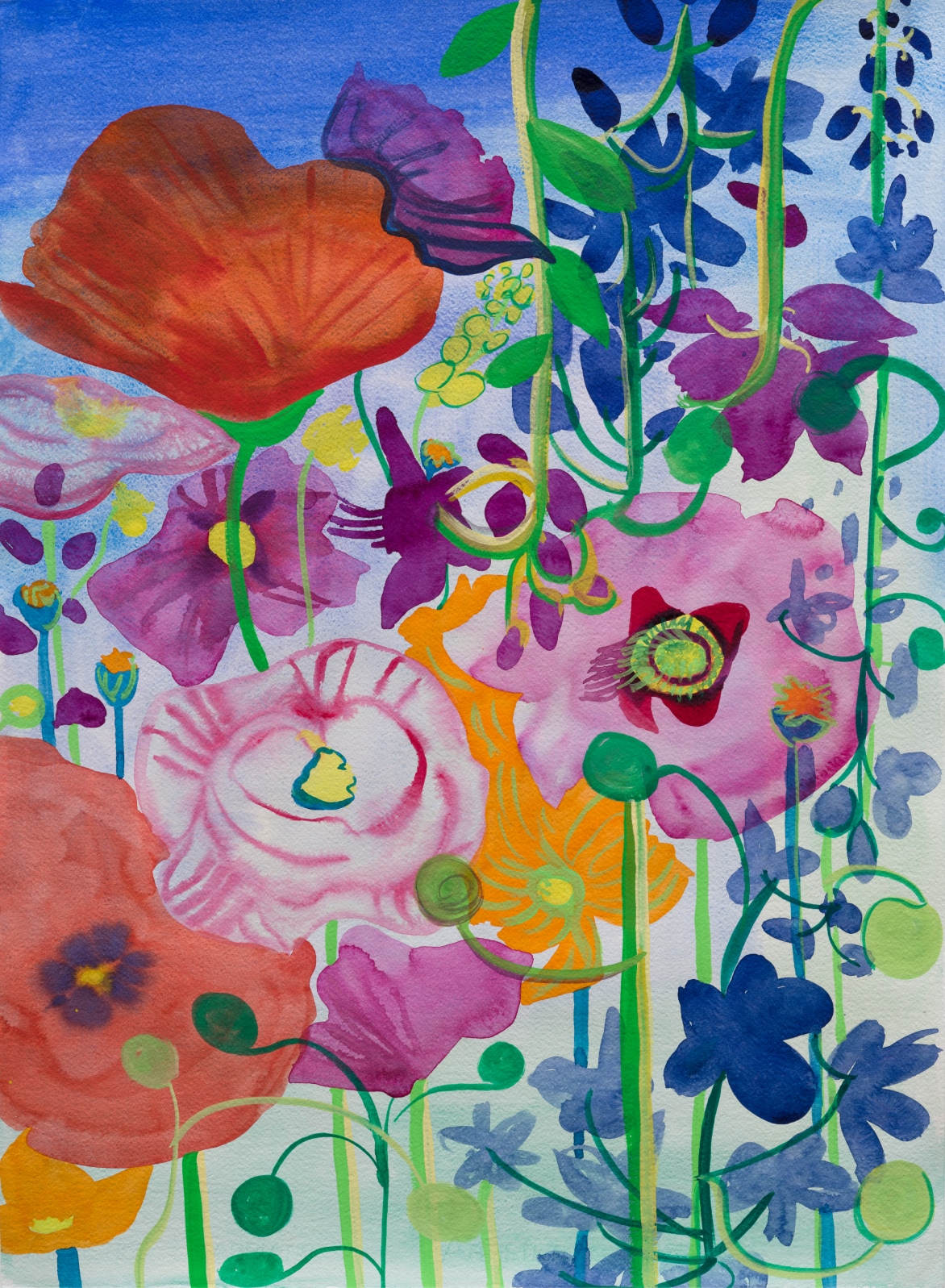 Artwork featuring red, pink, and puple poppy flowers with abstract blooms in the background