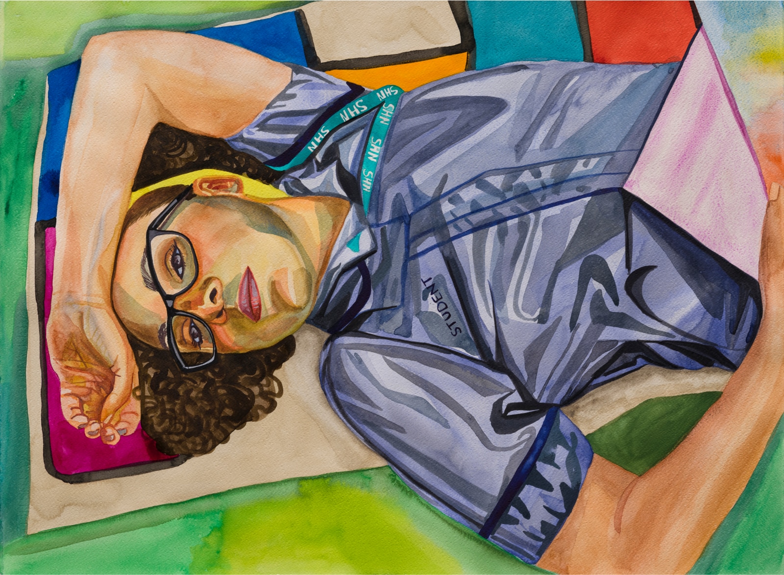 Artwork featuring a woman, reclined, wearing glasses with her arm draped across her forehead