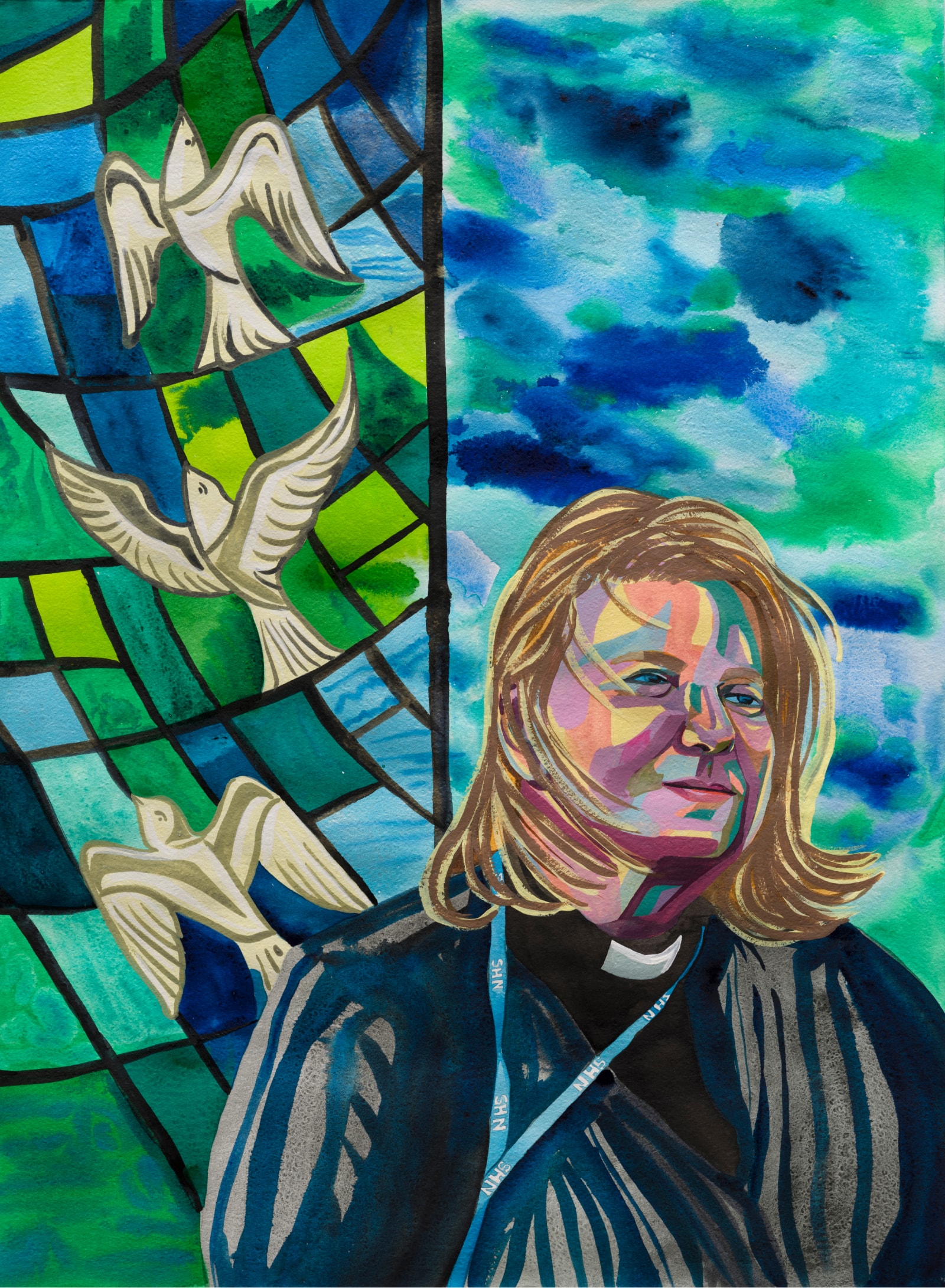 Artwork featuring a woman in clergy robes stand in front of a green and blue glass window with doves
