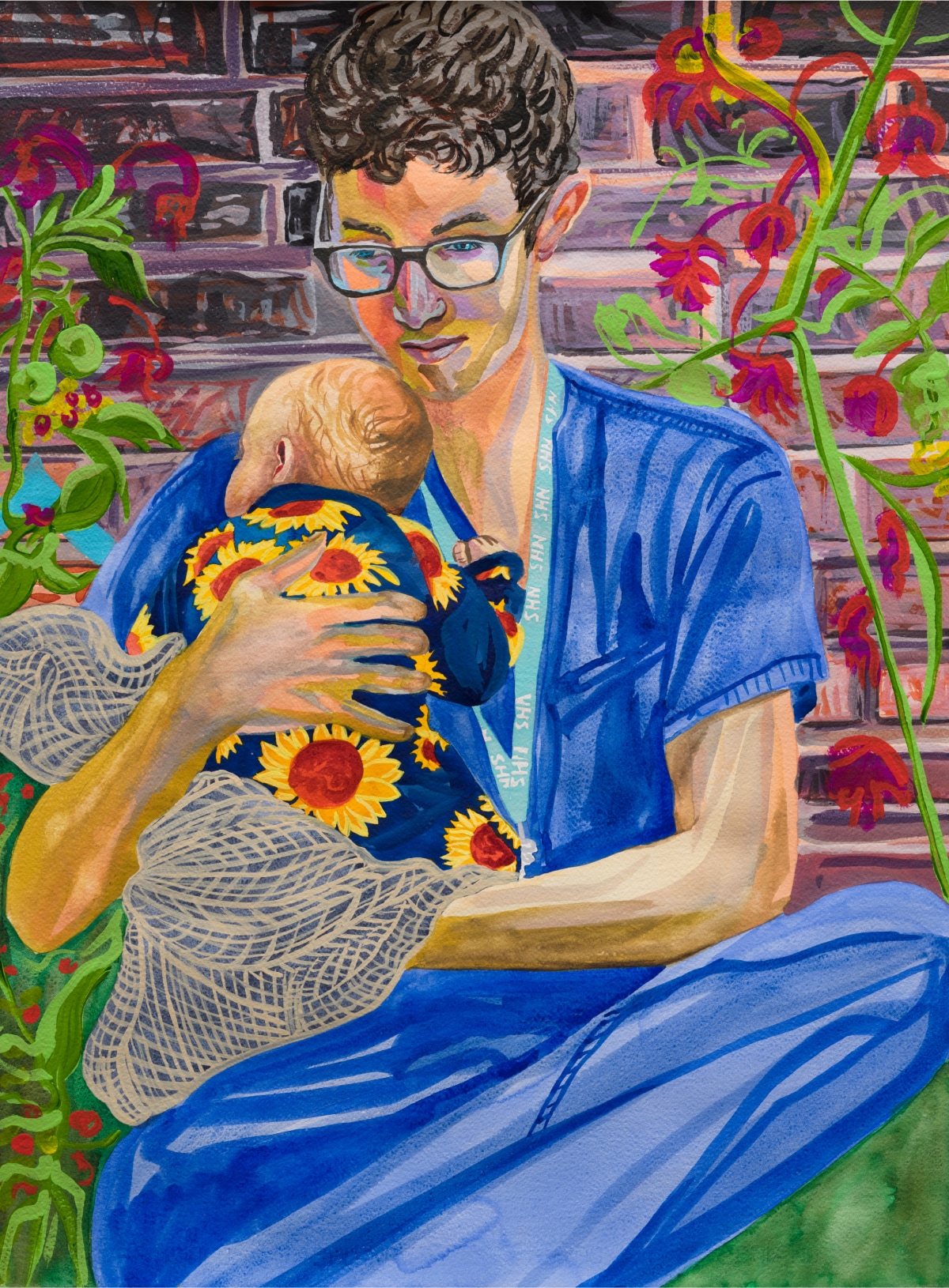 Nisenbaum’s “Ryan” featuring a young man in blue scrubs holding a baby wearing a sunfloor onesie