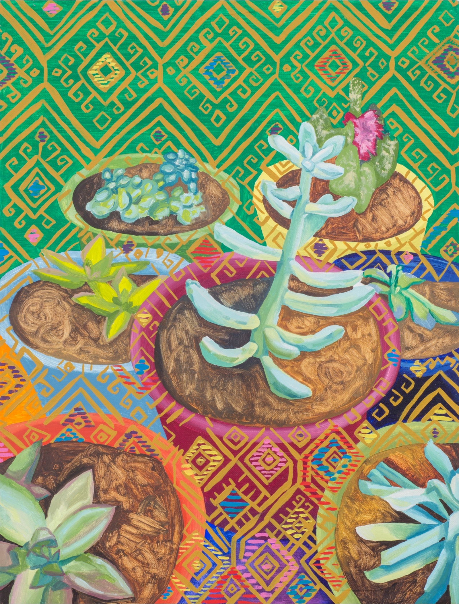 Artwork featuring seven potted succulents with a woven gold pattern overlaid on the pots and background
