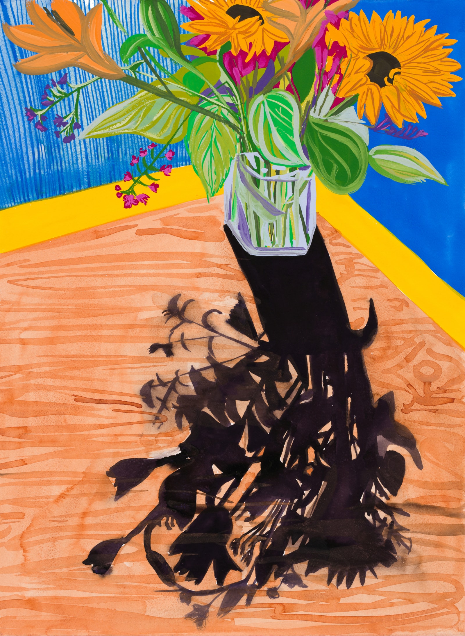 Artwork featuring a glass vase of cut sunflowes with the arrangement’s black shadow in the foreground