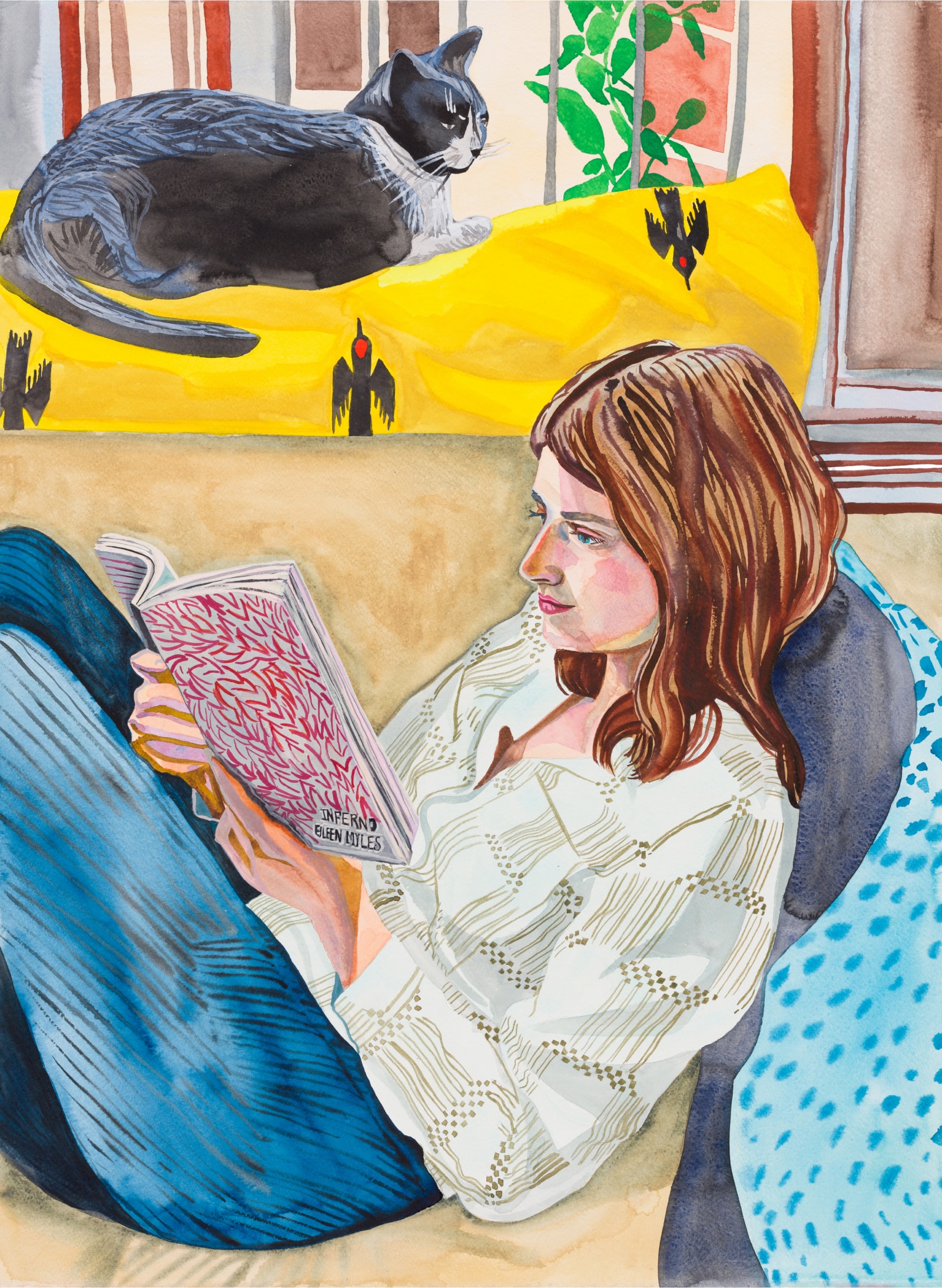 Artwork featuring a woman reading Eileen Mile’s “Inferno” on a couch with a cat seated above