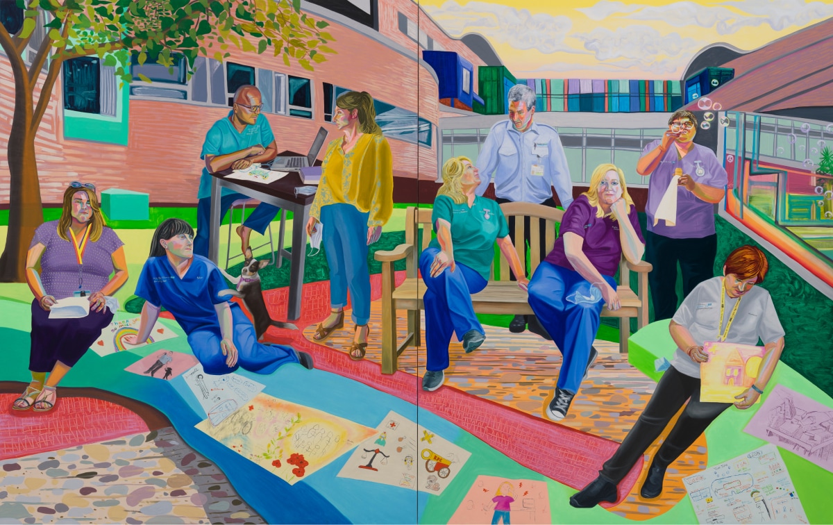 Artwork featuring nine hospital workers gathered together in a hospital courtyard