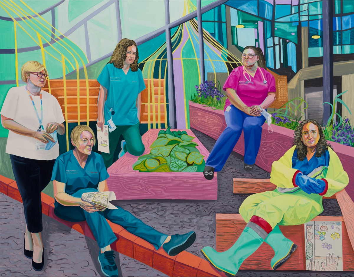 Artwork with five hospital workers posed among garden planters