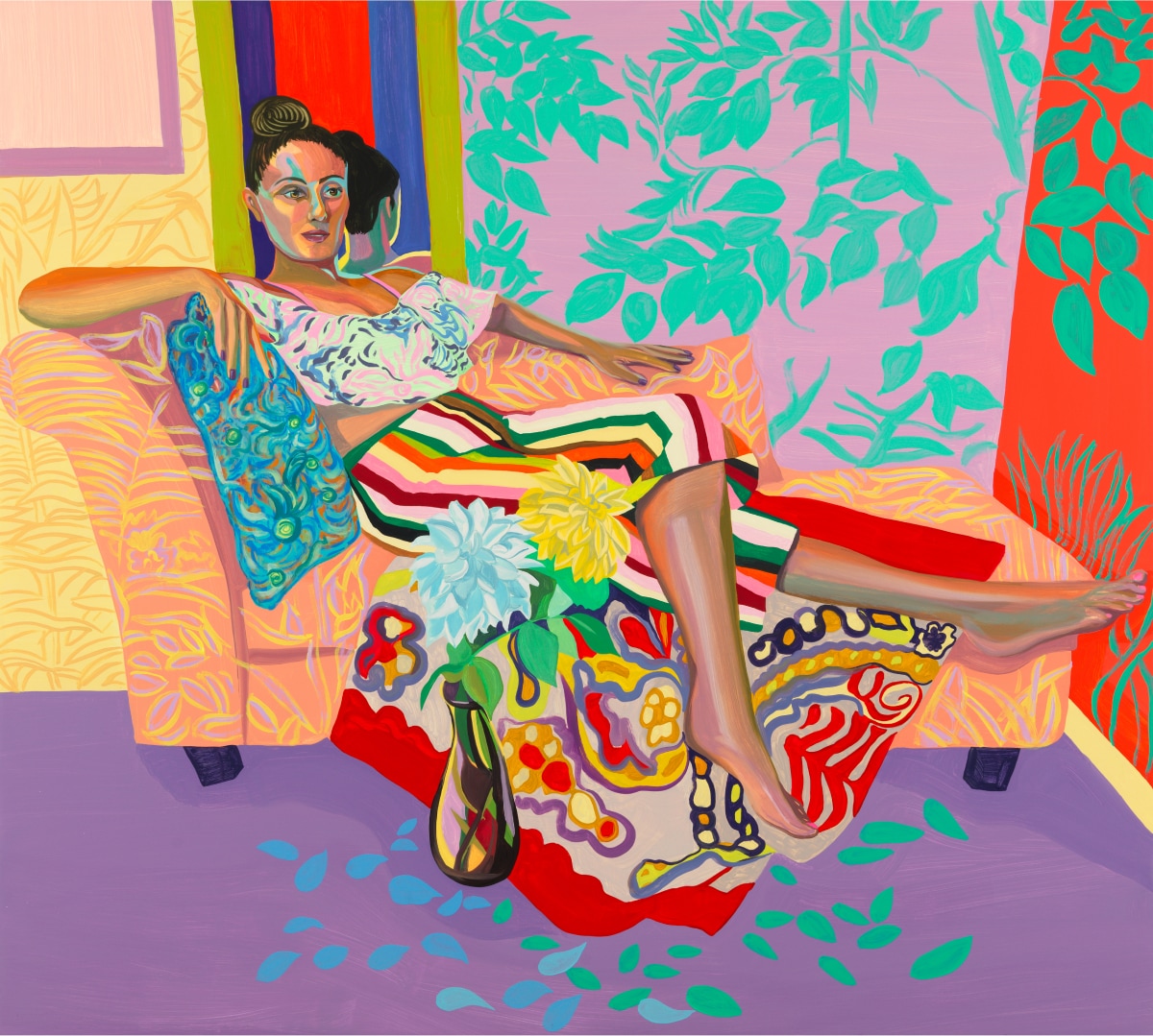 Artwork featuring a woman reclined on a chaise lounge, surrounded by vibrant patterns and textiles